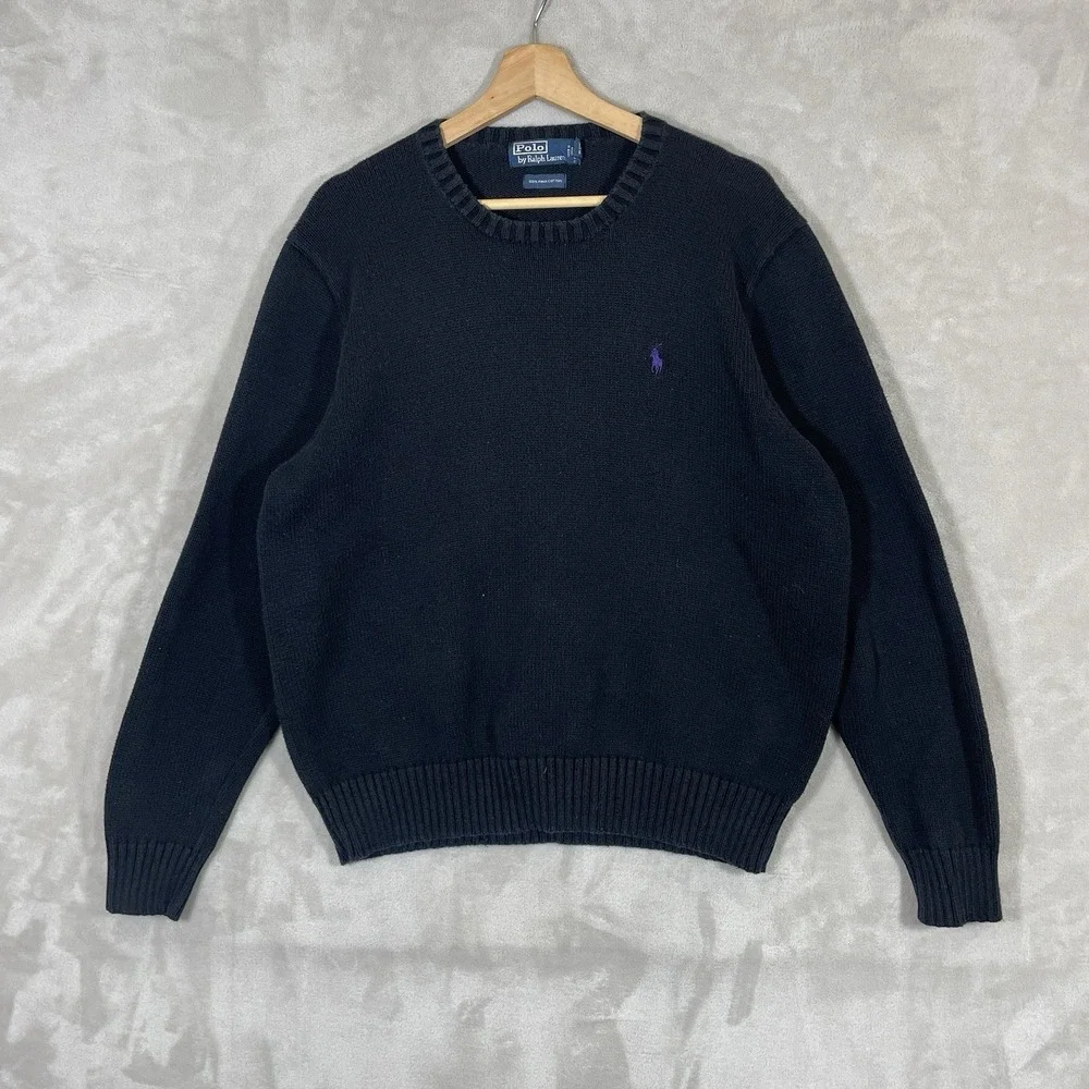 VTG Polo Ralph Lauren Sweater Mens XL Black Cotton Crewneck Knit Pullover Pony